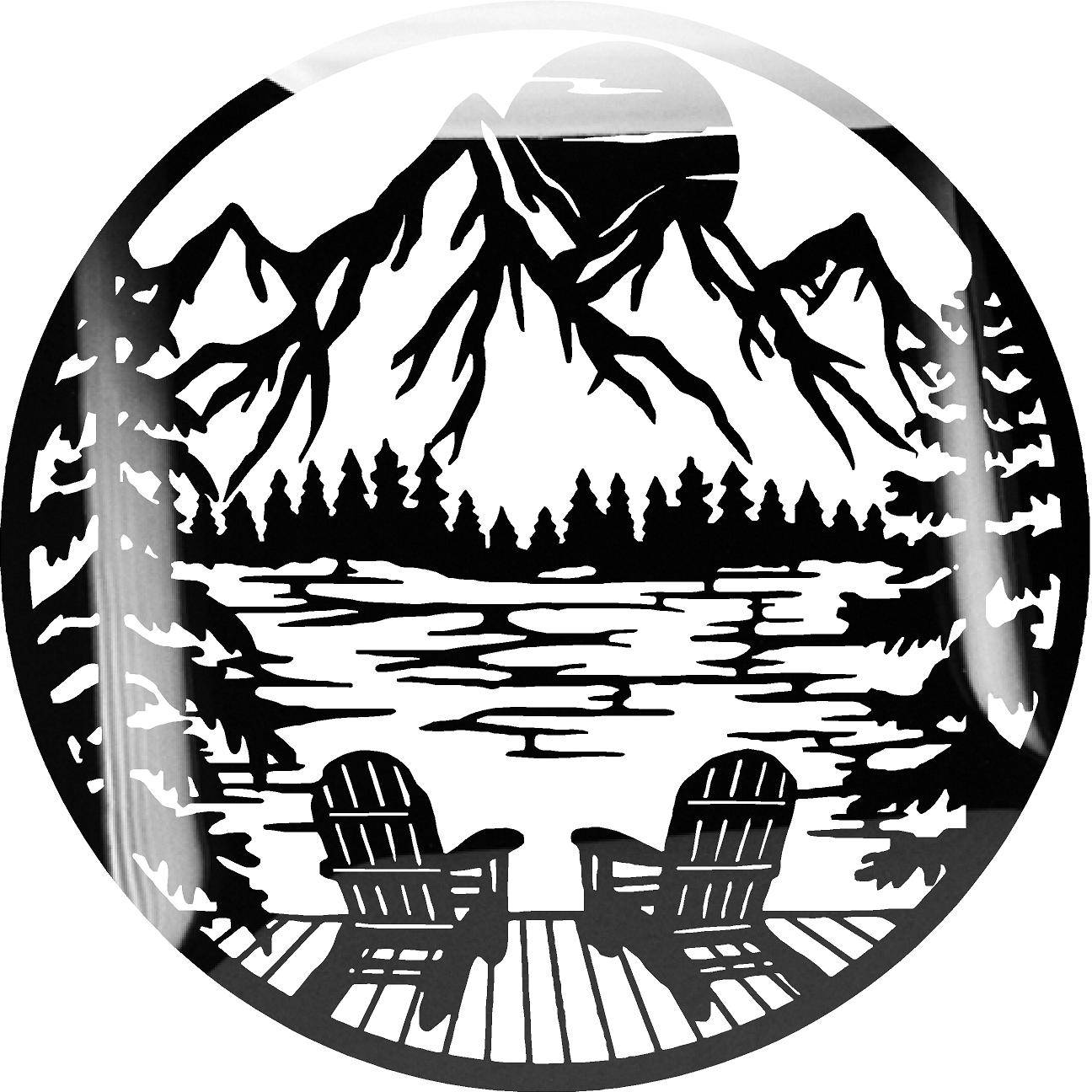 Glossy Metal Art Depicting Adirondack Chairs and Lake