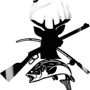 Glossy Metal Art Depicting Deer, Gun, Fish, and Fishing Rod