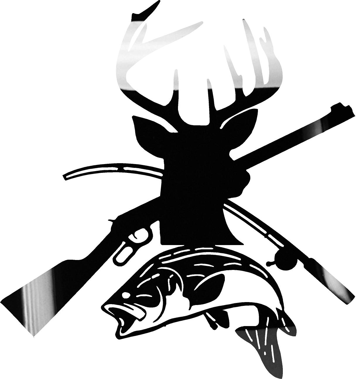Glossy Metal Art Depicting Deer, Gun, Fish, and Fishing Rod