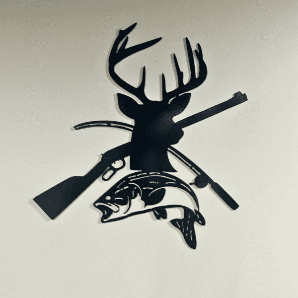 Metal Art Depicting Deer, Gun, Fish, and Fishing Rod