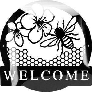 Glossy Metal Welcome Sign Featuring Bee and Flowers