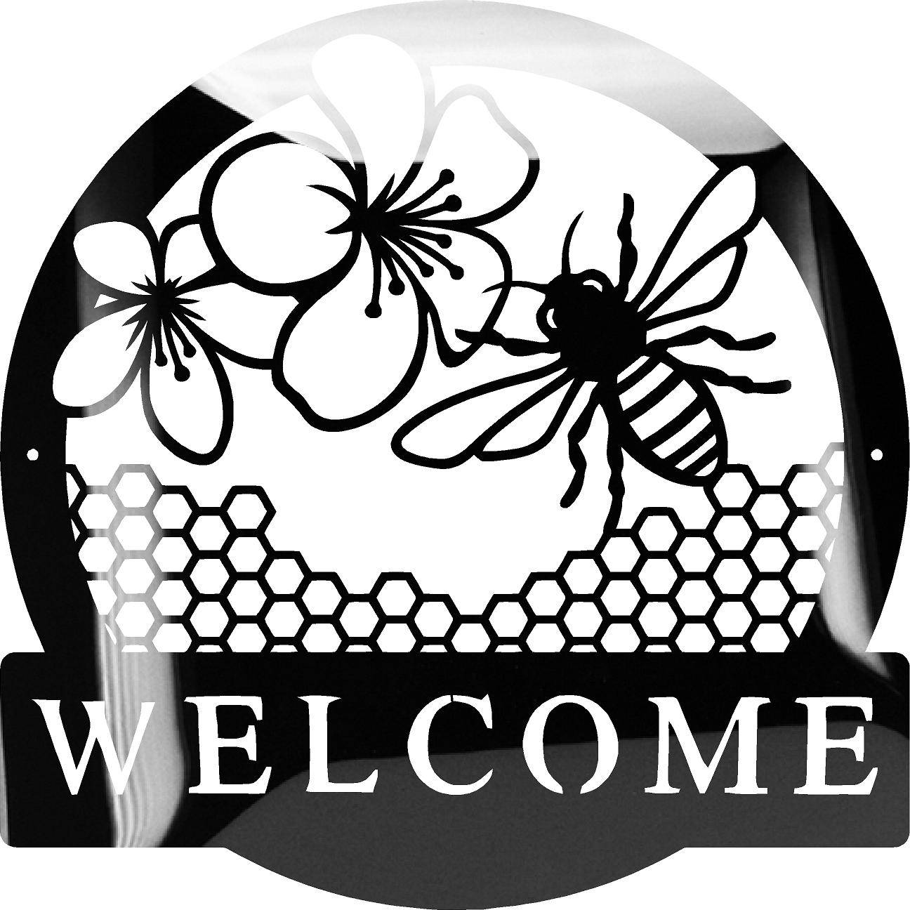 Glossy Metal Welcome Sign Featuring Bee and Flowers