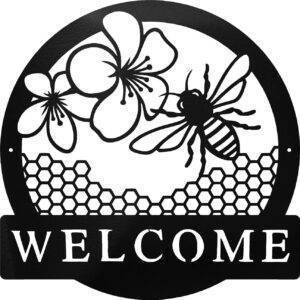 Matte Metal Welcome Sign Featuring Bee and Flowers
