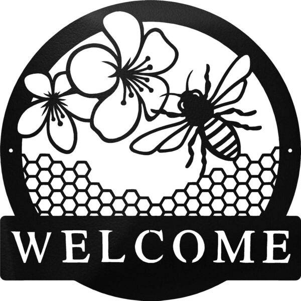 Matte Metal Welcome Sign Featuring Bee and Flowers