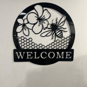 Metal Welcome Sign Featuring Bee and Flowers
